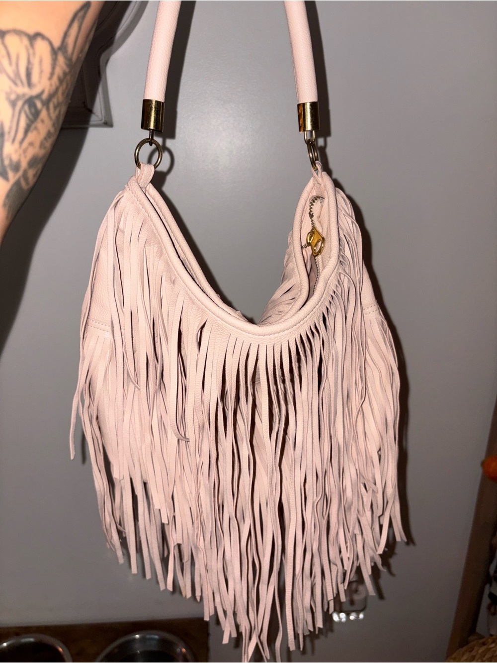 Boho Chic Leather Fringed Shoulder Bag - Blush Pink